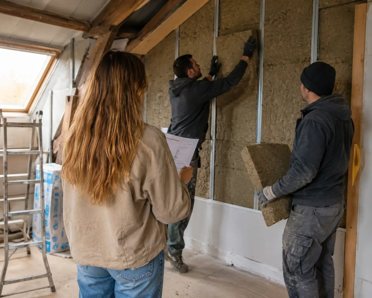 Une propriétaire échange avec deux artisans sur son chantier d'isolation.